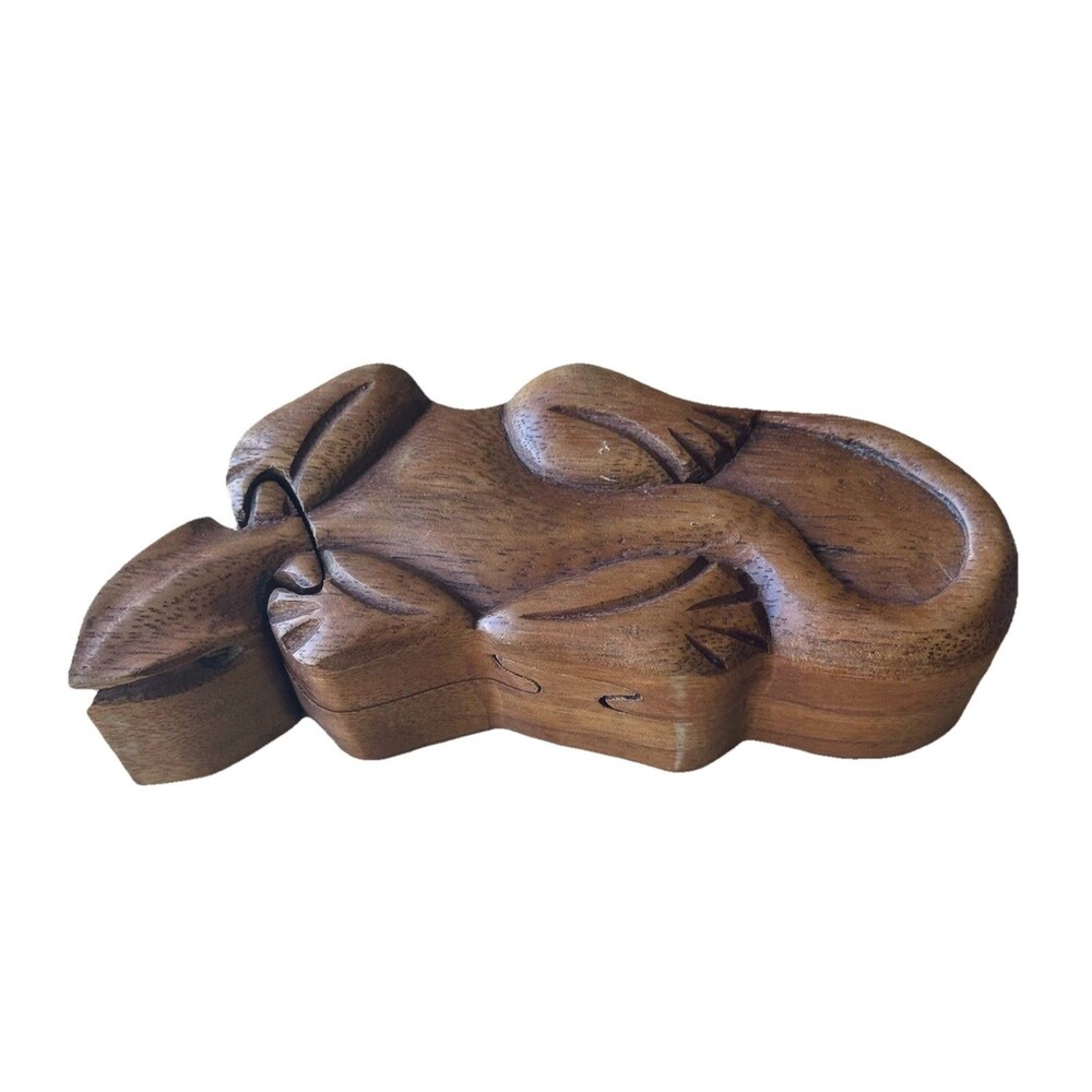 Vintage Wood Carved Wood 4 Pc Lizard ? Trinket Treasure Box Hidden Compartment